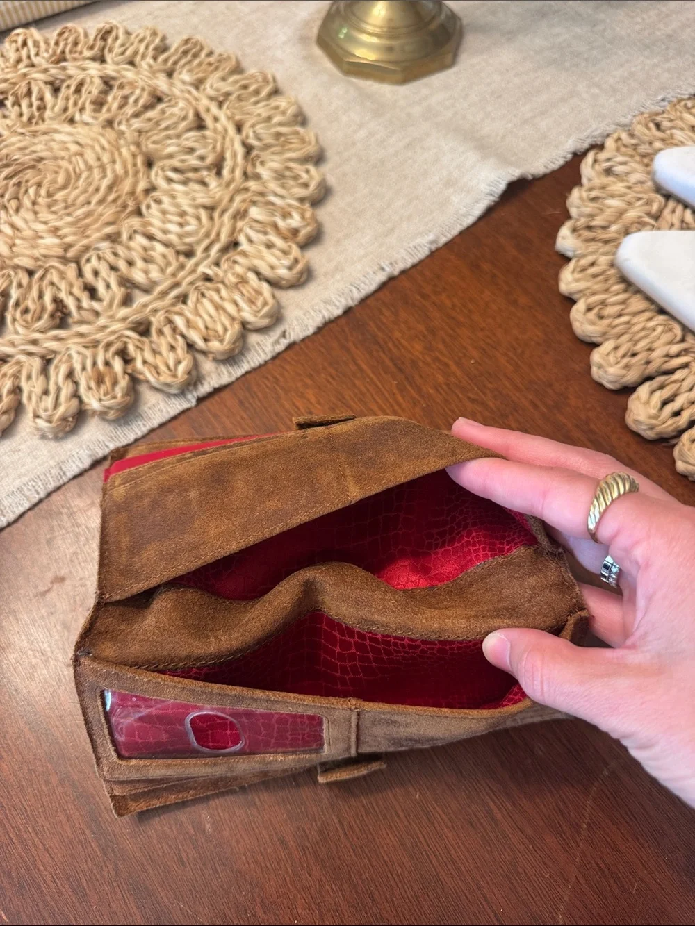 Hammitt Brown Suede Card & Key Holder with Gold Studs